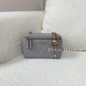 Chanel Light Grey Long Vanity Case With Gold Ball Chain