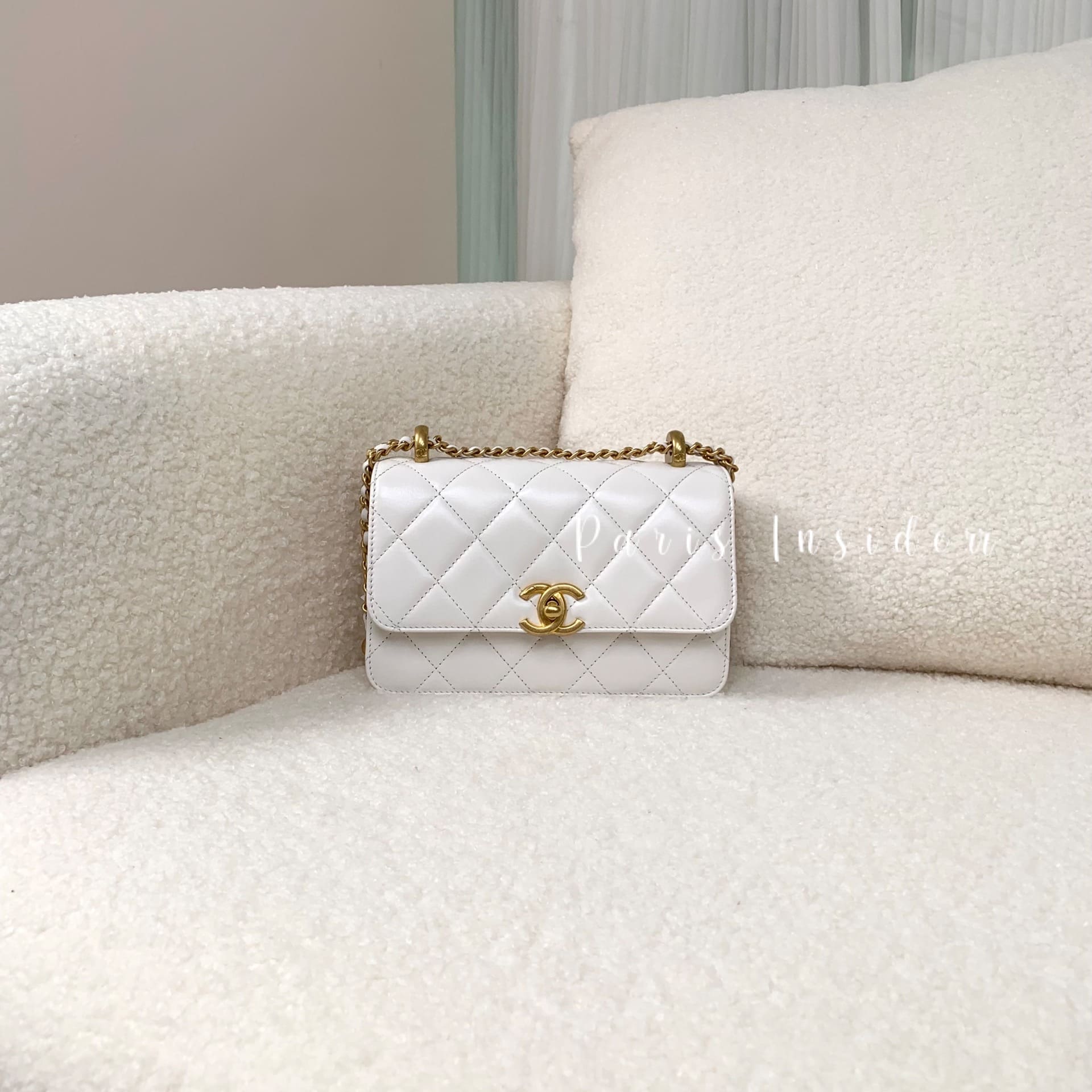 Chanel 19cm Double Gold Ball Flag Bag White With Pink Inner Color